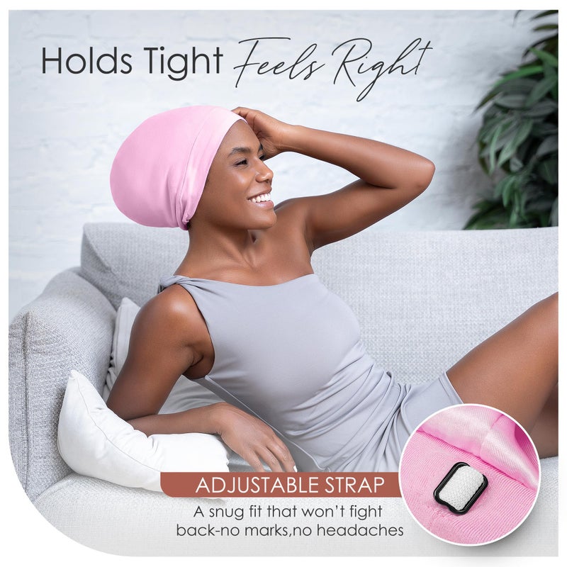 CAPLORD Silk Satin Bonnet Cap for Sleeping Hair Cover Sleep Beanie Hat Adjustable Headwear Men and Women Curly Hair Light Pink - Image 4